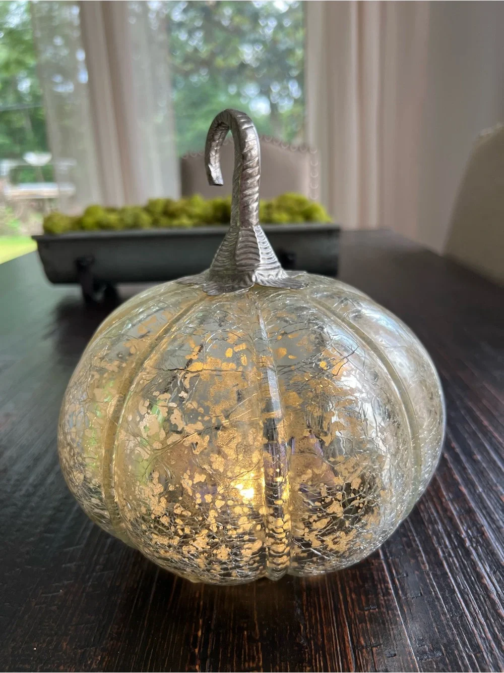 Mercury Crackle Glass Pumpkin Decoration, Silver Tone Metal Stem